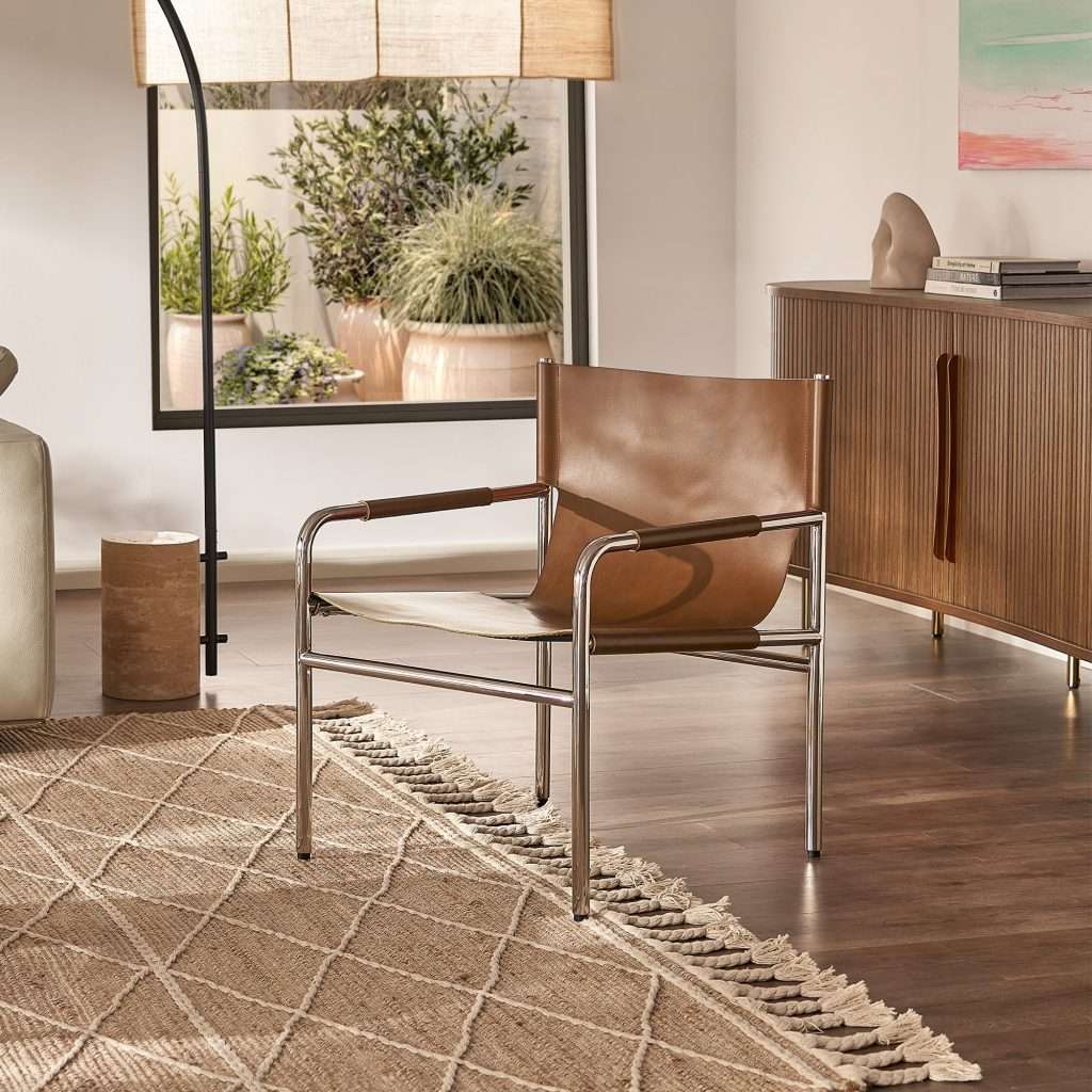 Stainless Steel Polished and Top Grain Waxed American Leather Leather Sling Armchair